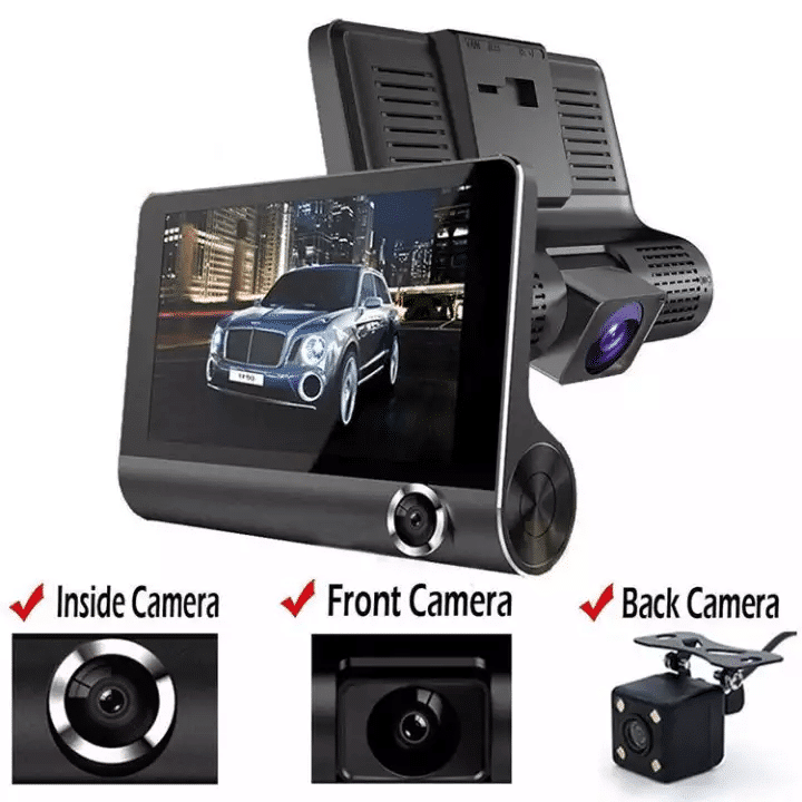3 Lens Car Dash Cam HD Video Recorder with Front + Interior + Rear Camera